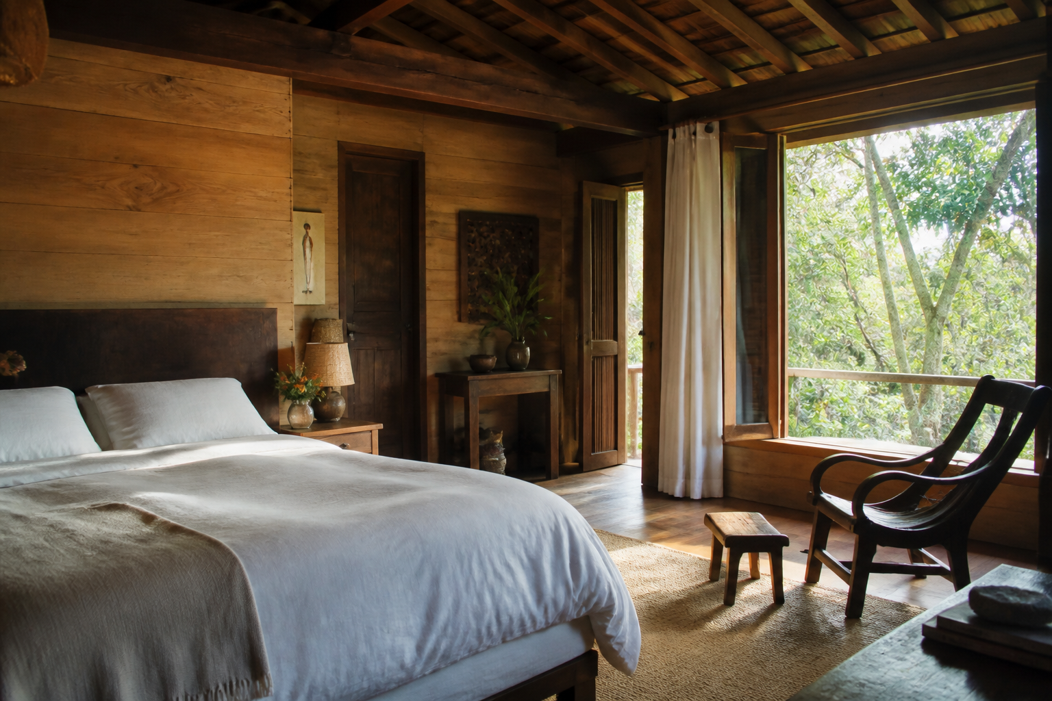 Quarto aconchegante com madeira e luz natural
